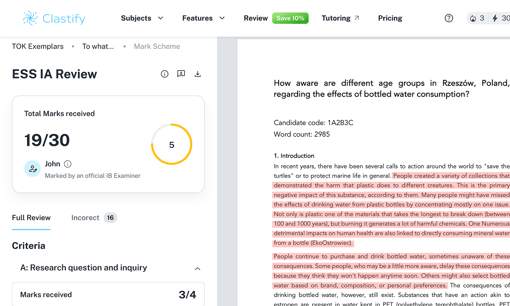 IB examiner review score preview